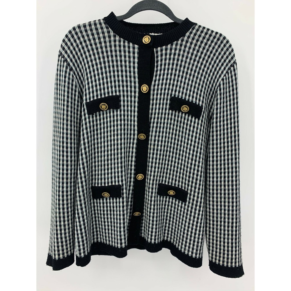 Vintage 80s AMI Size 10 Gingham Button Front Cardigan Sweater Secretary Geek